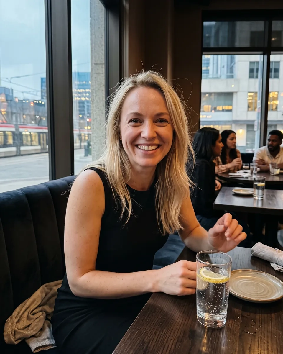 A smiling blonde woman with sparkling water at a window table in a downtown Edmonton lounge (AI-generated image)