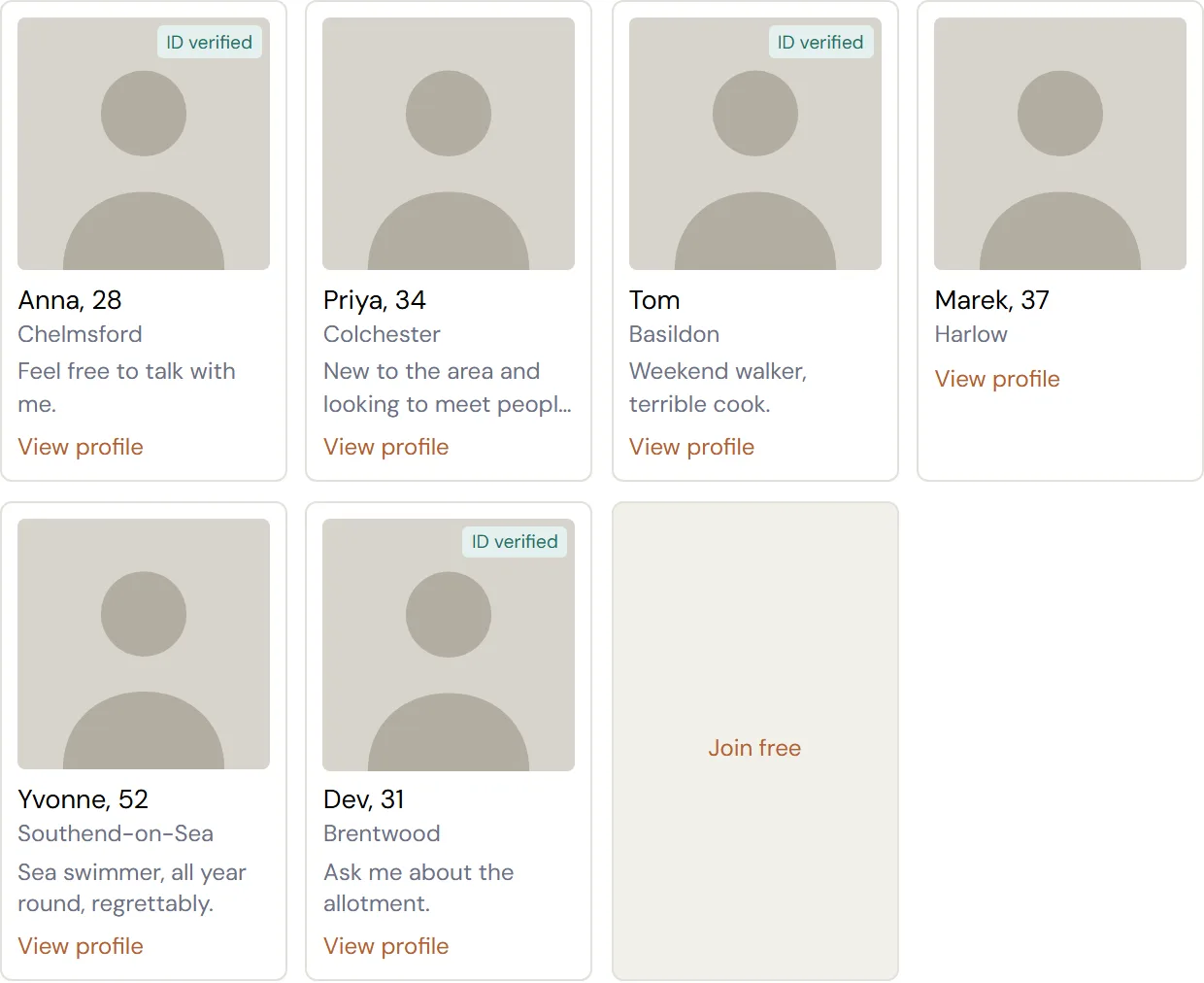 A grid of member cards: photos, first names and ages, towns, an ID-verified badge on some, and a join tile at the end.