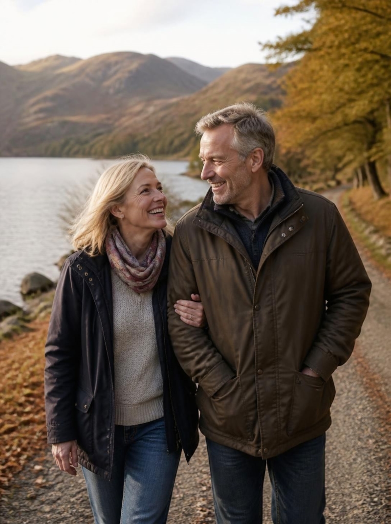 A smiling couple walking arm in arm on a lakeside path in the Lake District in autumn