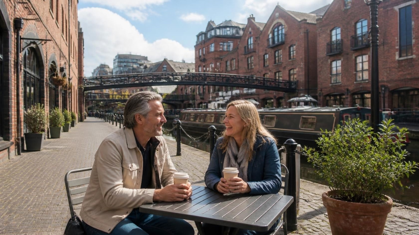 A couple laughing over coffee beside a canal basin with narrowboats moored behind