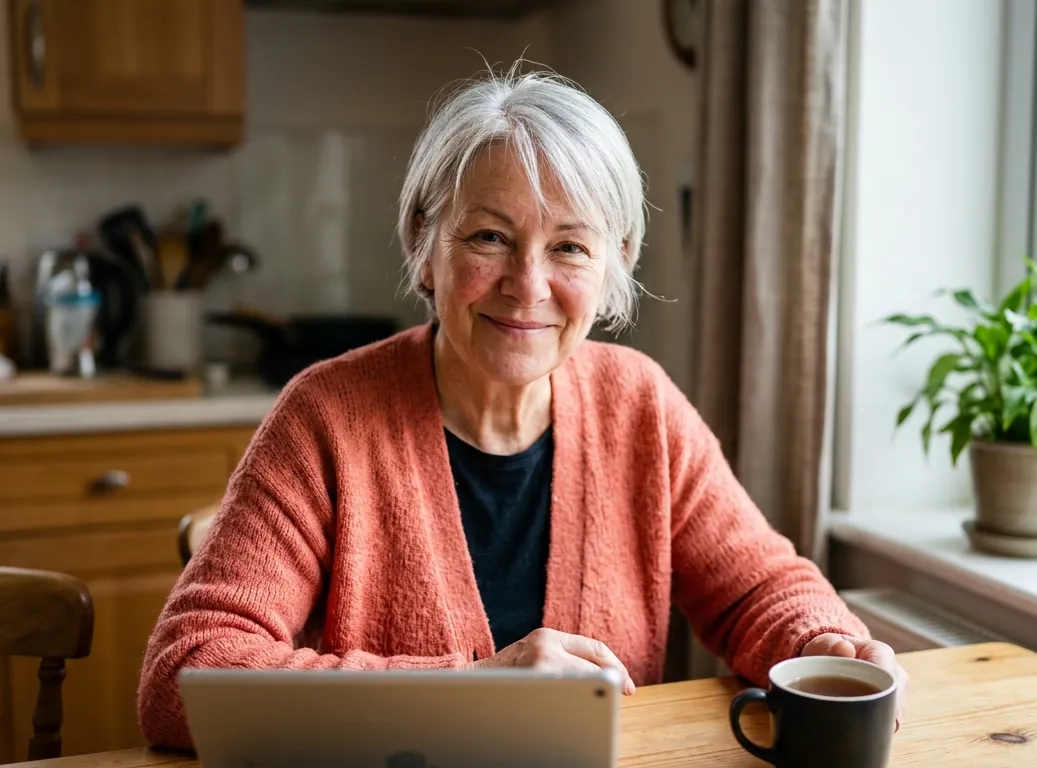 A woman in her mid sixties with silver hair and a coral cardigan sits at a kitchen table with a tablet and a cup of tea, smiling gently at the screen (AI-generated image)