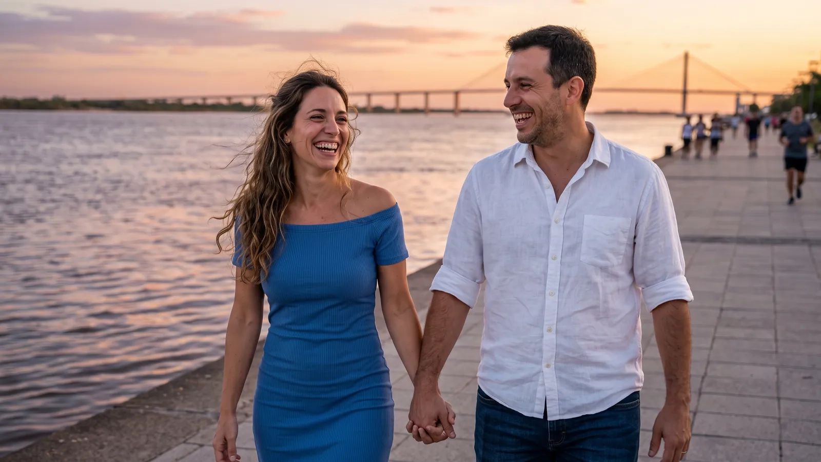 Una pareja camina de la mano por la costanera de Rosario junto al río Paraná al atardecer, con el puente a lo lejos (imagen generada por IA)