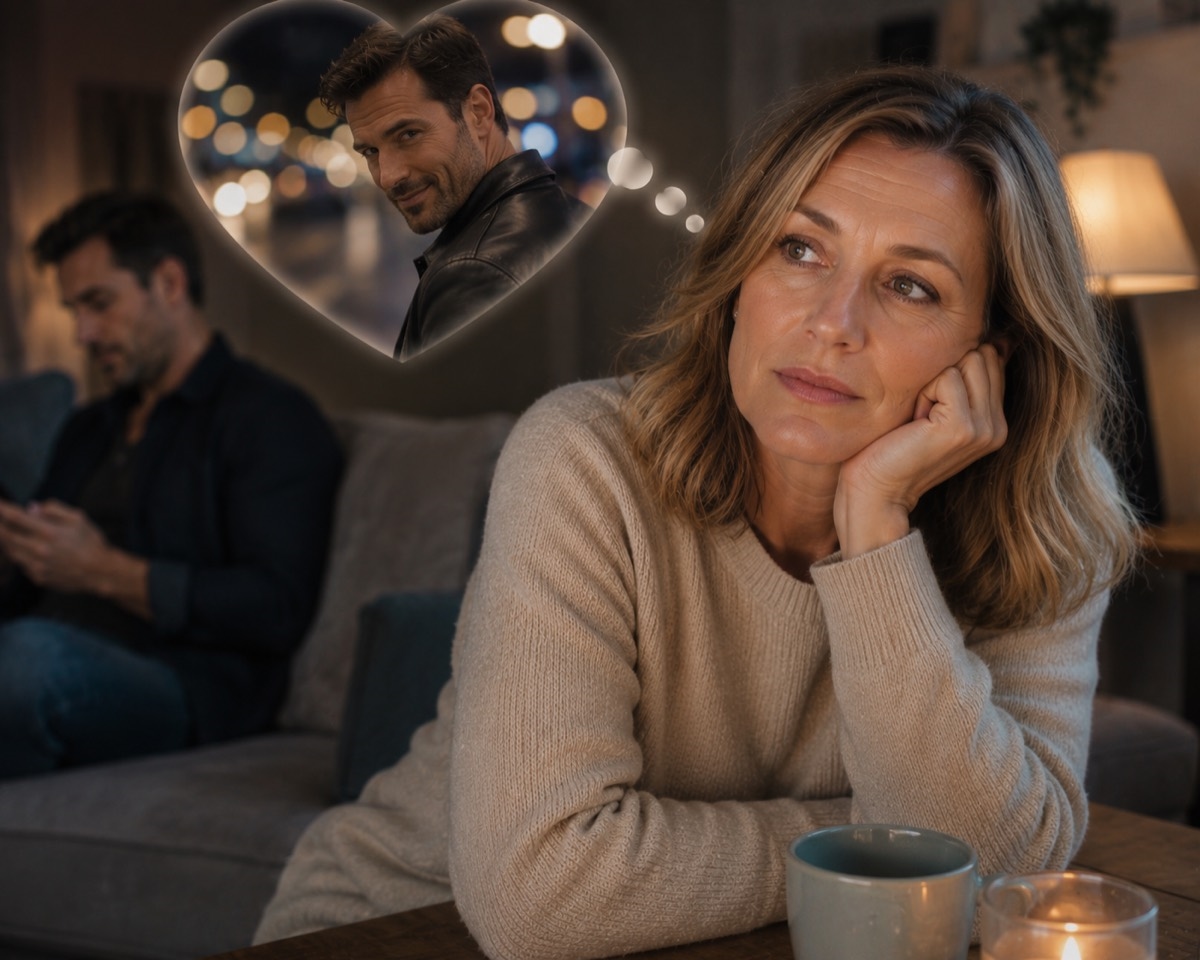 A woman sits on a sofa looking thoughtfully away, while in the background a man on his phone is out of focus; a heart-shaped thought bubble above her shows a different man