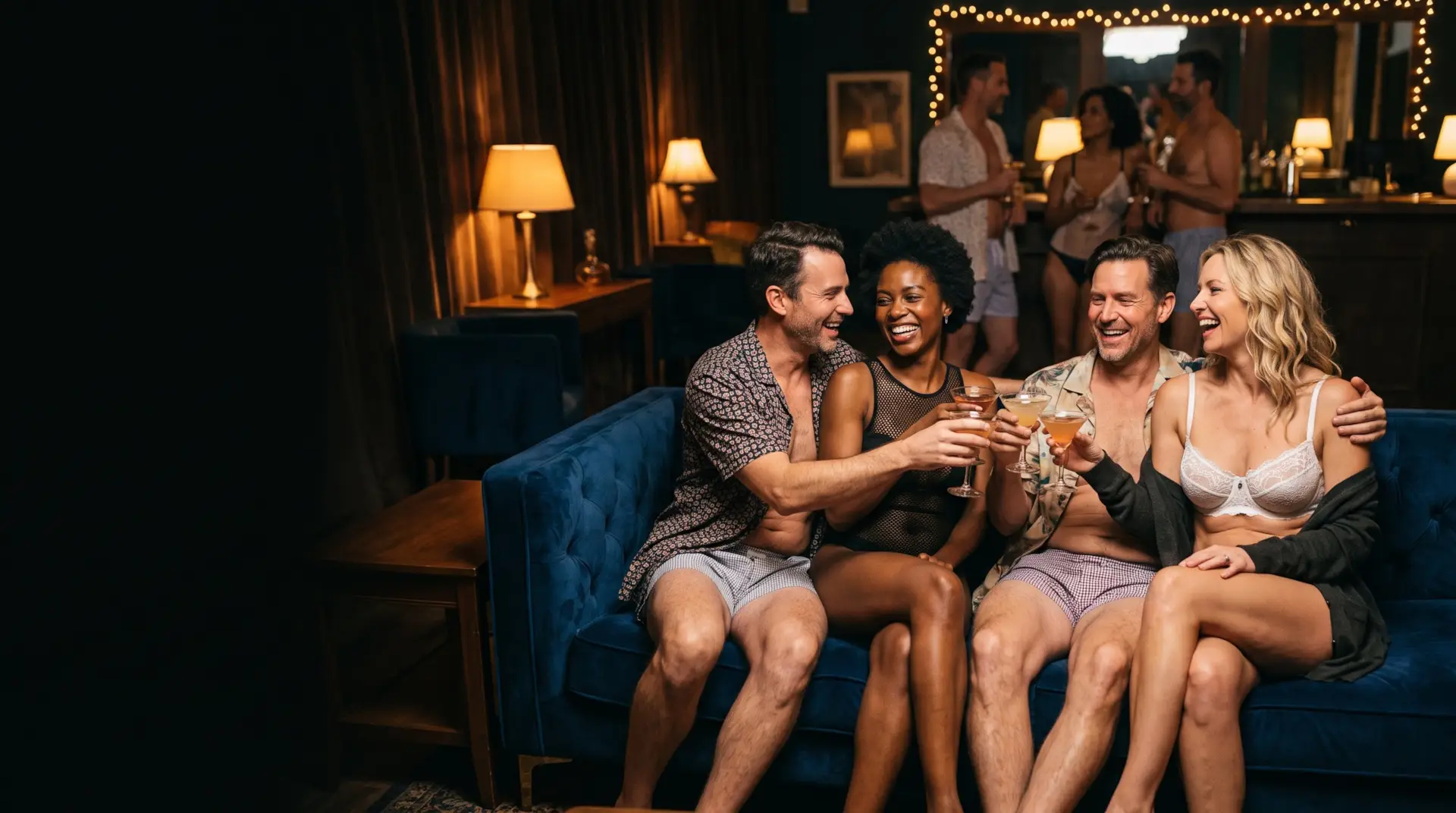 Two couples laughing together on a velvet sofa in a lifestyle club