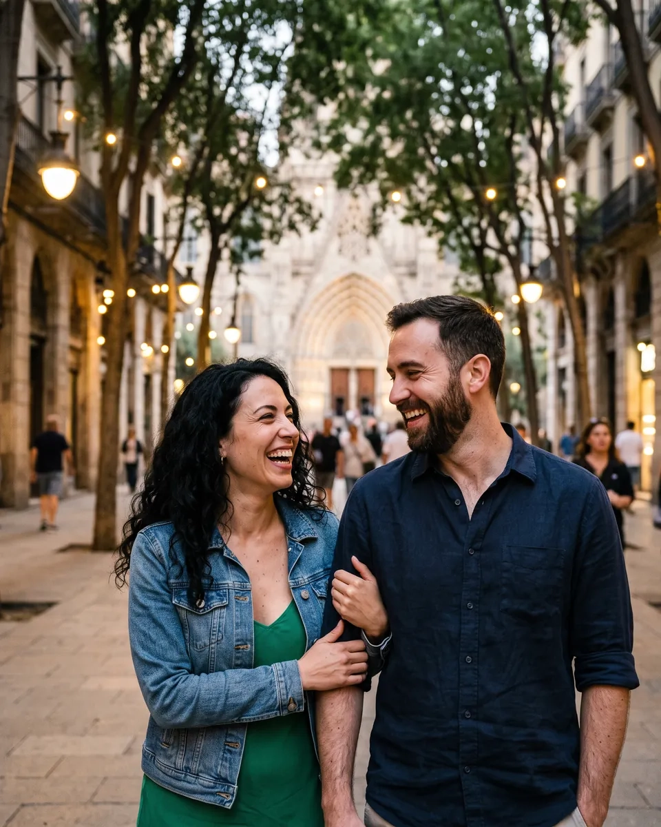 Una pareja pasea del brazo y riendo por el Passeig del Born al anochecer, con la fachada de Santa Maria del Mar al fondo (imagen generada por IA)