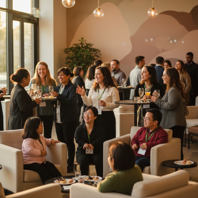 Little people with dwarfism gathering at a community event, sharing conversation and laughter in a warm social setting