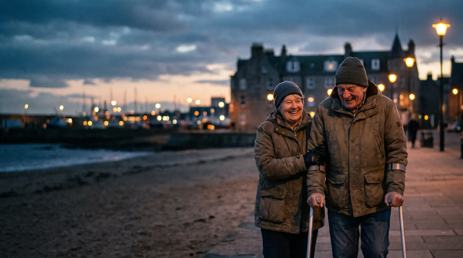 A couple in their sixties laughing on Aberdeen's beach promenade at dusk, the man walking with forearm crutches