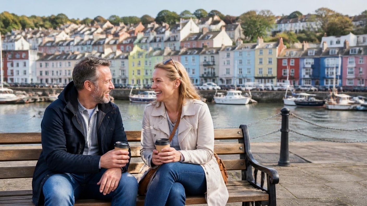 A couple laughing over takeaway coffees on a bench beside a harbour with colourful houses behind
