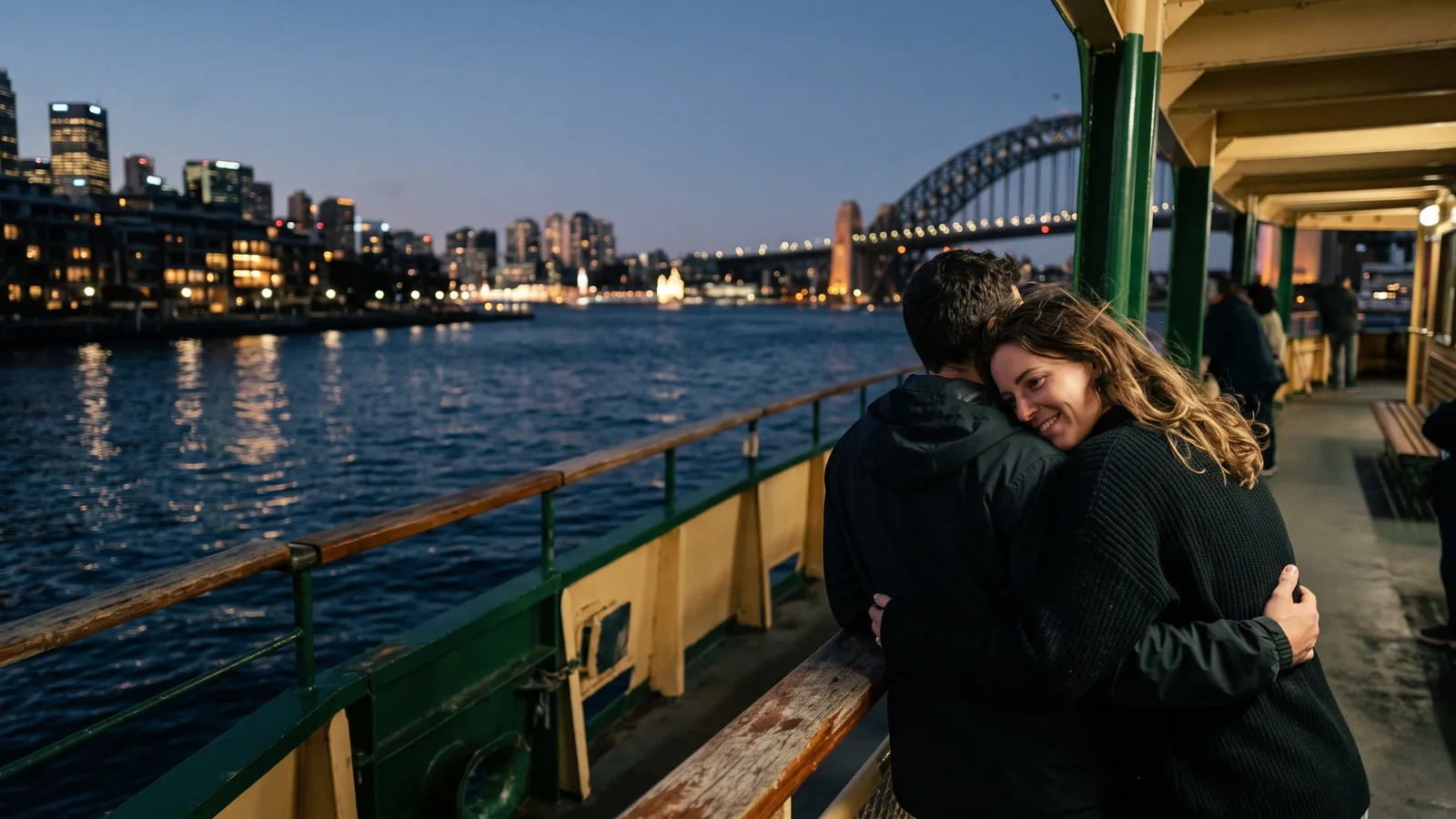 A couple hugs on the outer deck of a harbour ferry crossing Sydney Harbour at blue hour, the city lights and the Harbour Bridge behind them (AI-generated image)