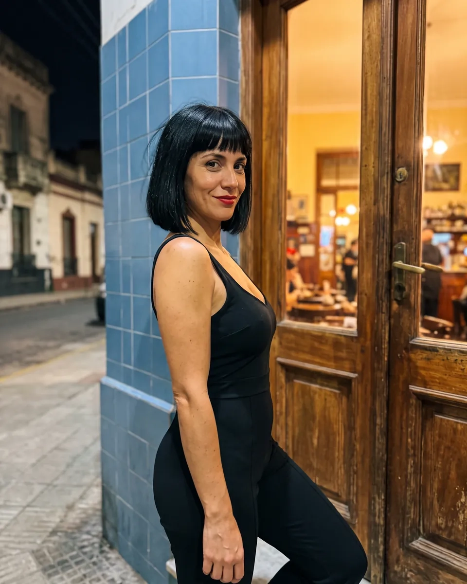 Una mujer con melena negra con flequillo y mono negro se apoya en una pared de azulejos celestes junto a la puerta de madera de un bodegón de Pichincha, en Rosario, de noche (imagen generada por IA)
