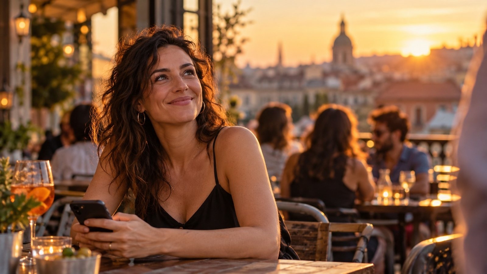 Mujer sonriendo en la terraza de un bar al atardecer con el móvil en la mano