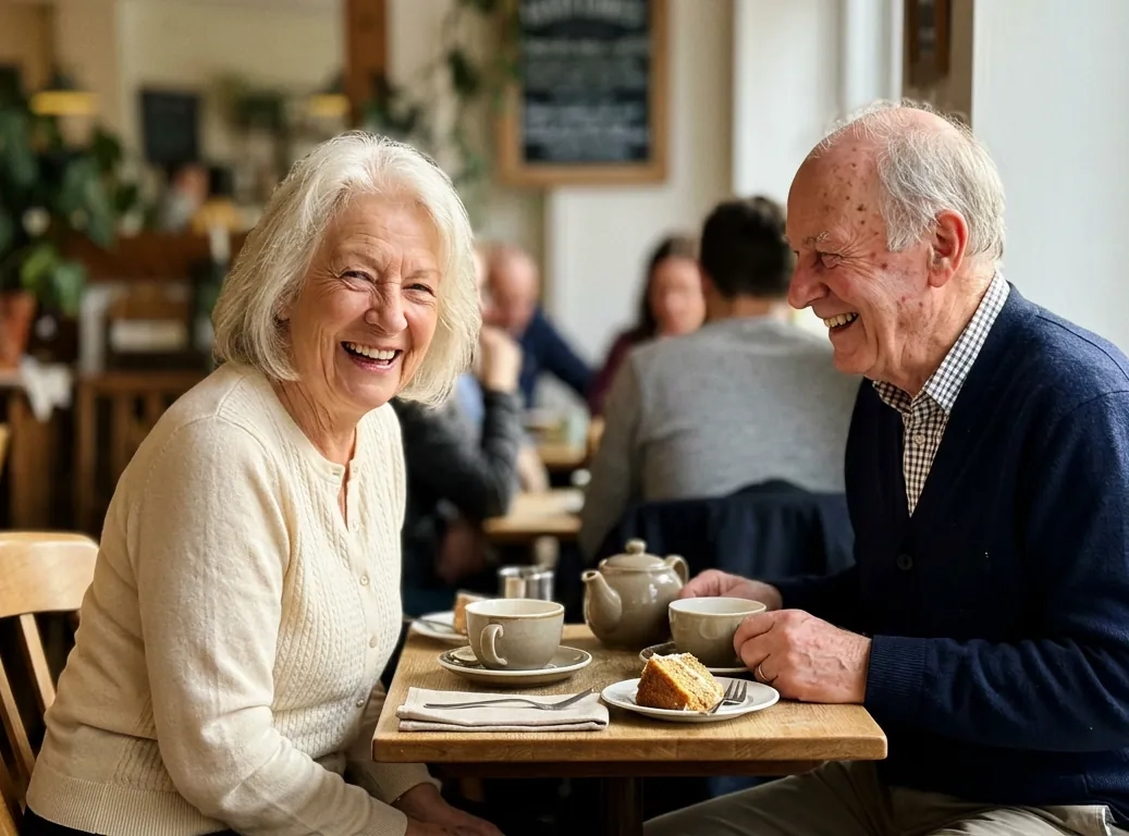 A woman in her early seventies with soft white hair and a man in his mid seventies in a navy cardigan laugh together over tea and cake at a window table in a bright café (AI-generated image)