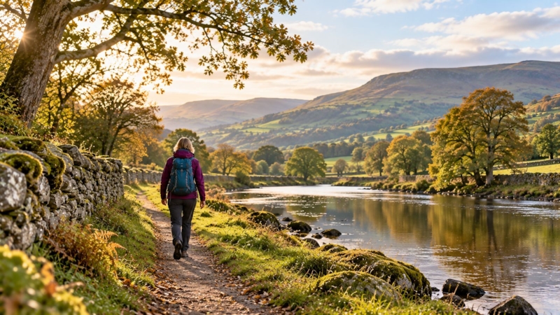 A person walking calmly along a quiet river path in soft light