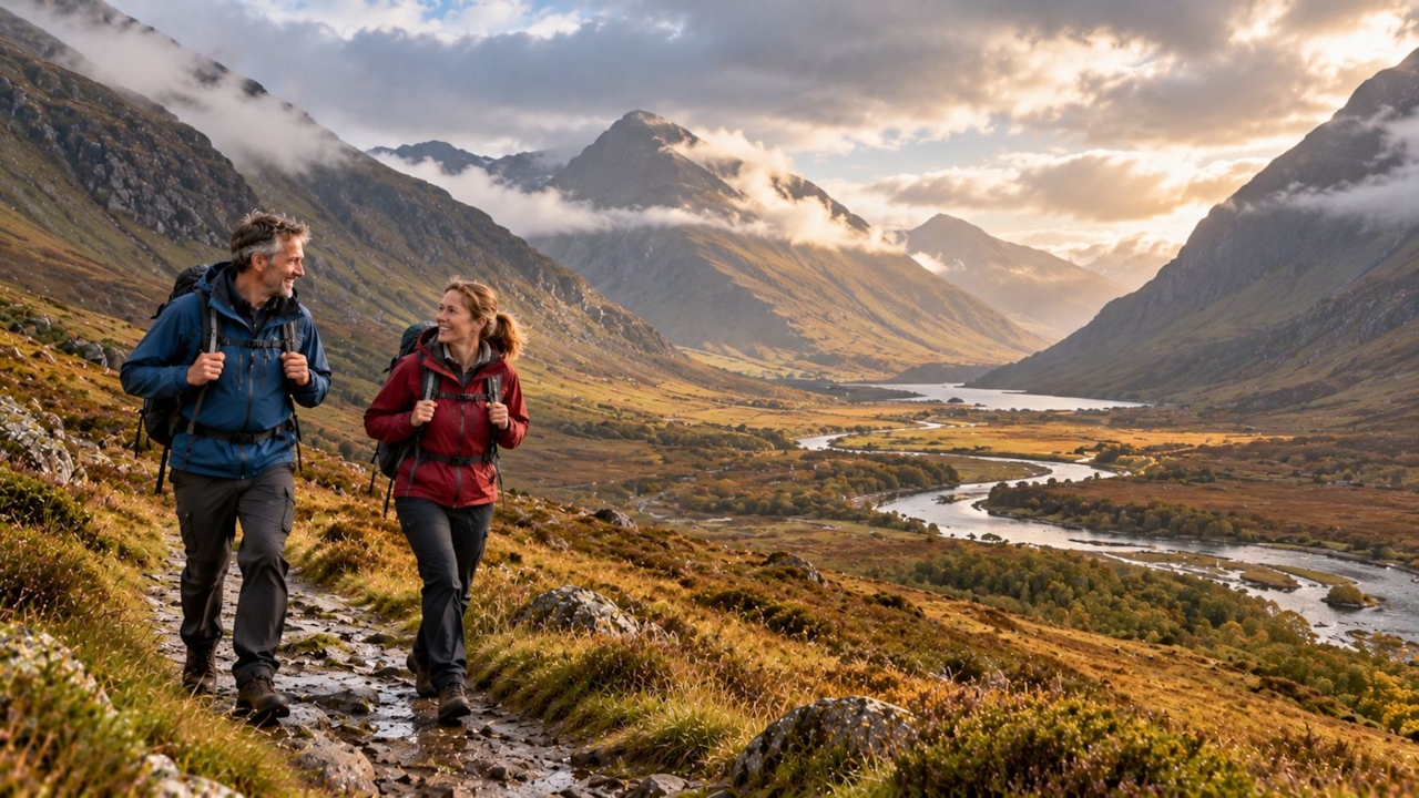 Two walkers on a footpath in the Scottish Highlands