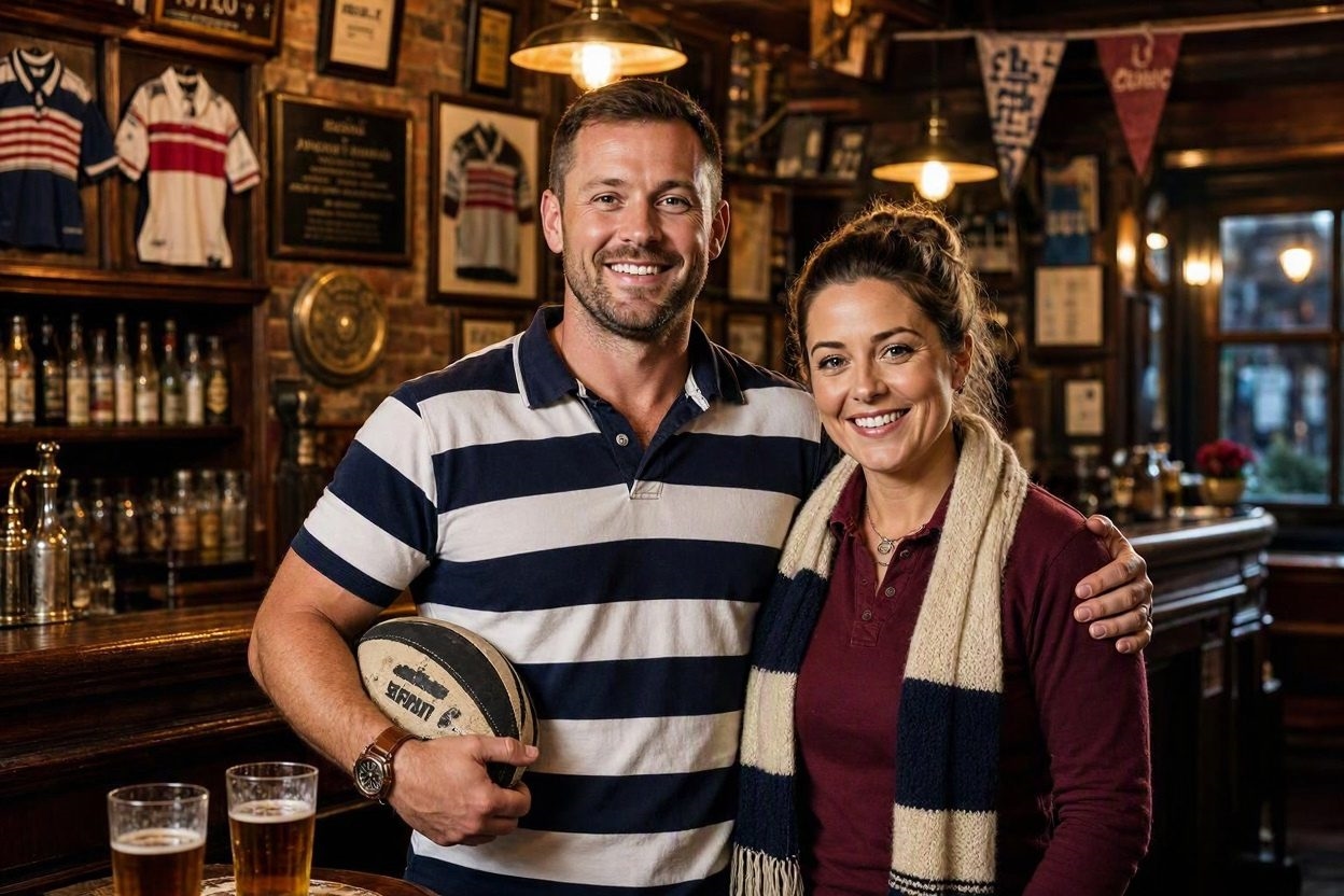 Smiling couple in a rugby clubhouse bar, he holding a rugby ball, she in a navy and cream scarf
