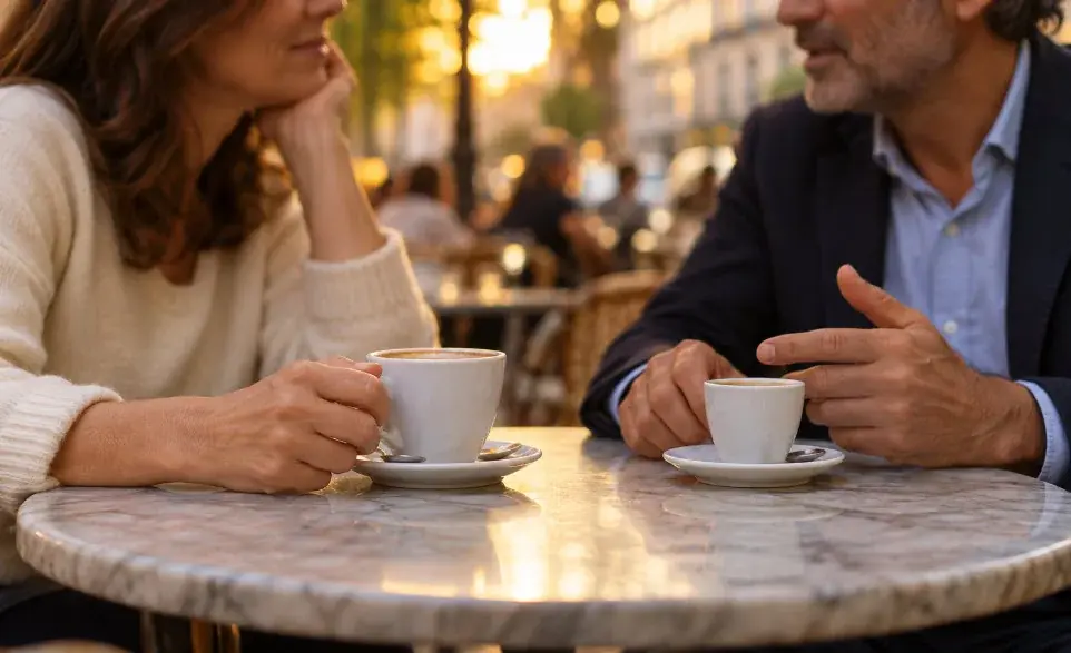 Dos tazas de café sobre una mesa de mármol mientras una mujer madura y un hombre conversan en una terraza