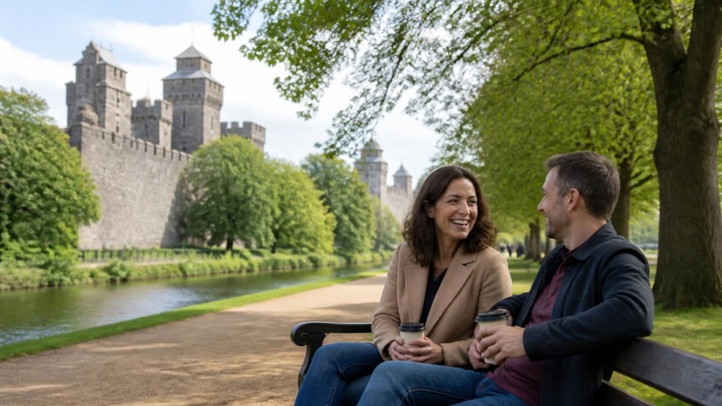 A couple laughing over takeaway coffees on a bench beside a river path in a park, with a castle behind them