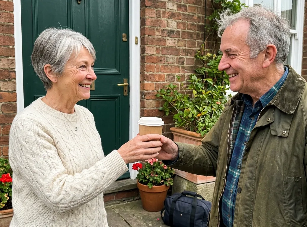 A woman in her mid sixties in a cream jumper hands a cup of tea to a man in his late sixties arriving for a visit at her green front door, both smiling (AI-generated image)