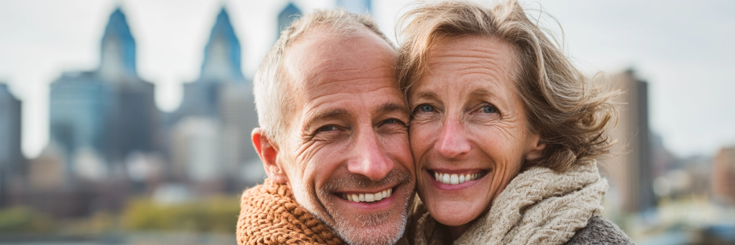A joyful couple in Philadelphia enjoying their time together, representing love and companionship for seniors.