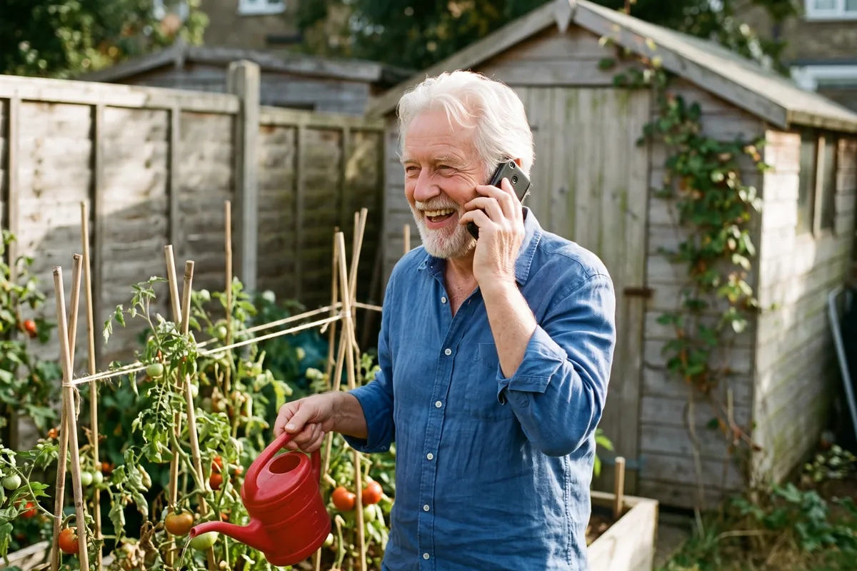 A man in his early seventies with white hair and a white beard laughs on the phone while watering tomato plants in his own small back garden (AI-generated image)