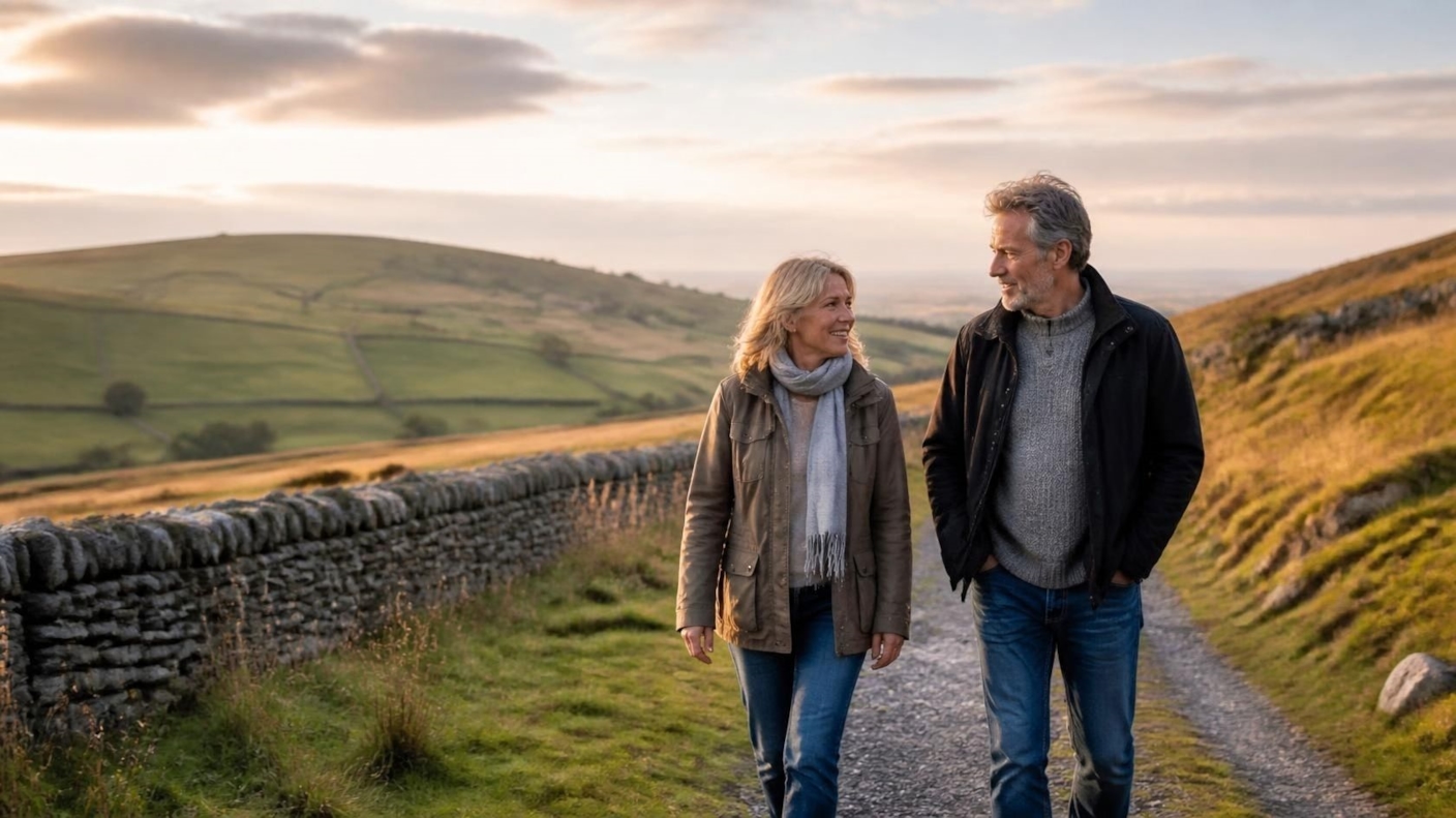 A man and woman walking and talking along a quiet country path across green hills