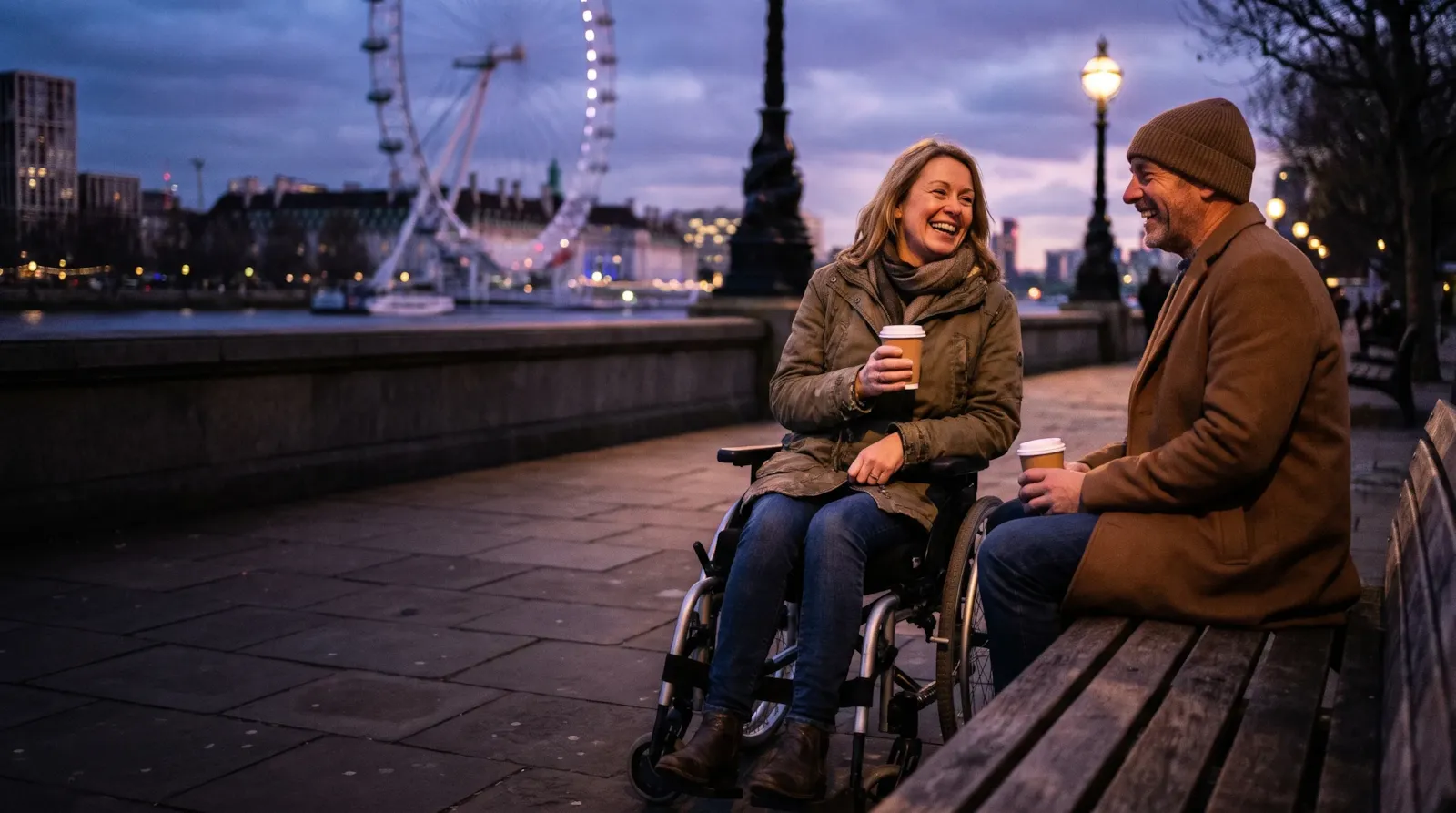 A couple laughing over takeaway coffees on London's South Bank at dusk, the woman a wheelchair user, with the London Eye behind them