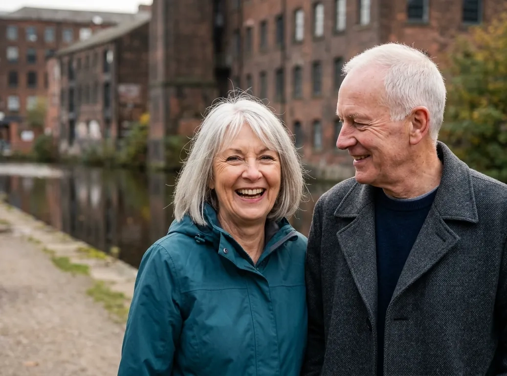 A woman in her early sixties with a silver bob and a teal jacket laughs with a man in his late sixties with short white hair and a charcoal coat on a canal towpath beside old red brick mill buildings (AI-generated image)