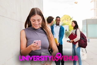 Happy university student using VIP features on University Love Hub on their smartphone.