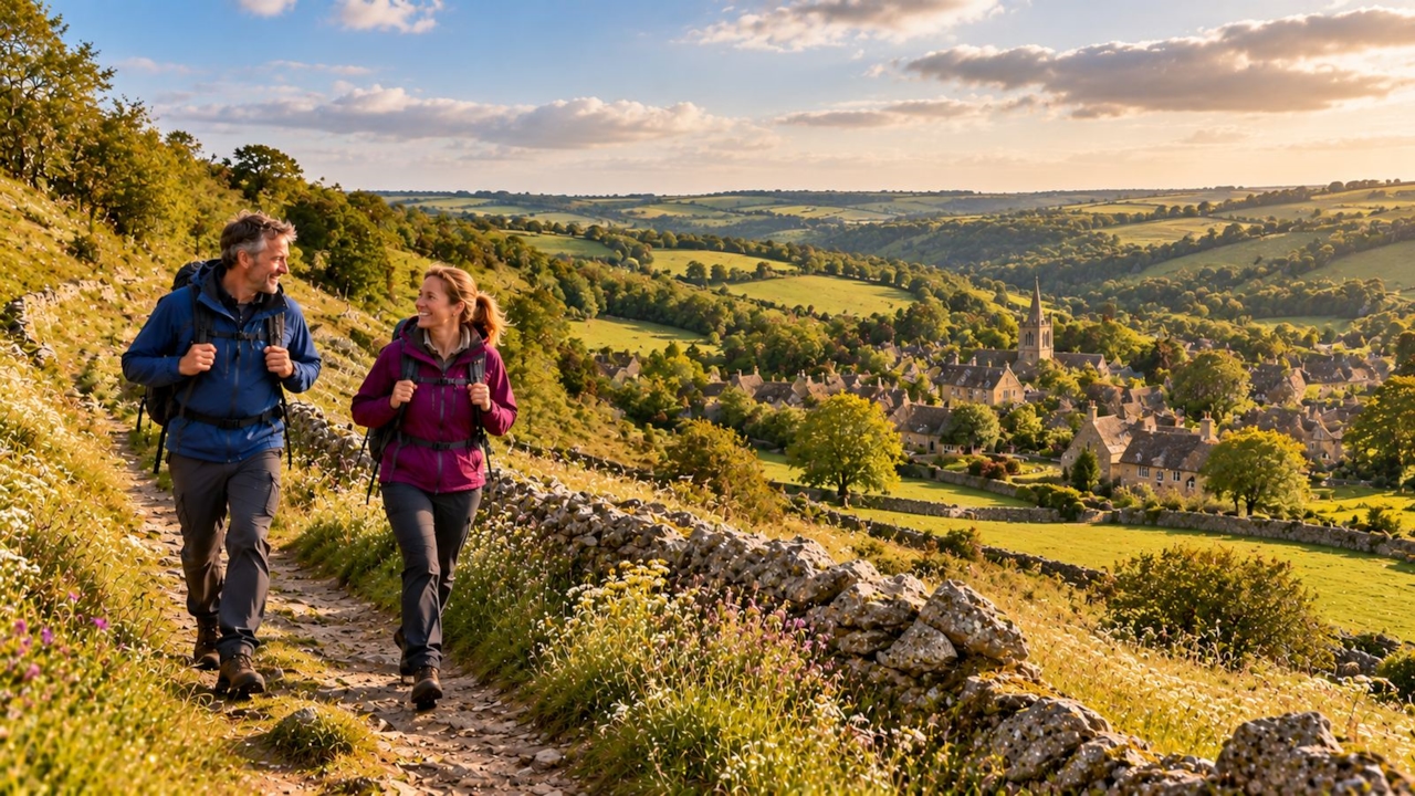 Two walkers on a footpath in the Cotswolds