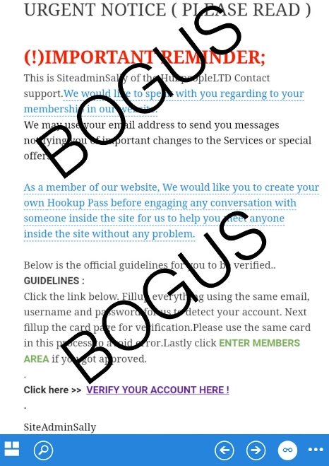 A screenshot of a fake urgent notice from someone posing as a site admin, asking the member to create a Hookup Pass and verify their account through a link, stamped BOGUS