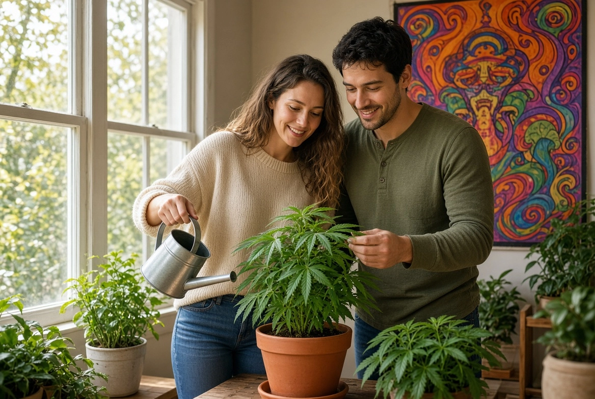Couple tending houseplants together in a sunny living room