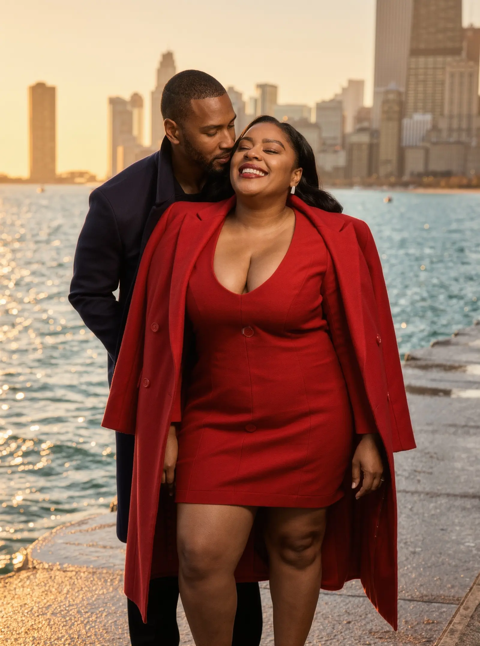 A smiling woman in a red coat and dress with a man in a navy jacket resting his cheek against hers, on a lakefront with the Chicago skyline behind them