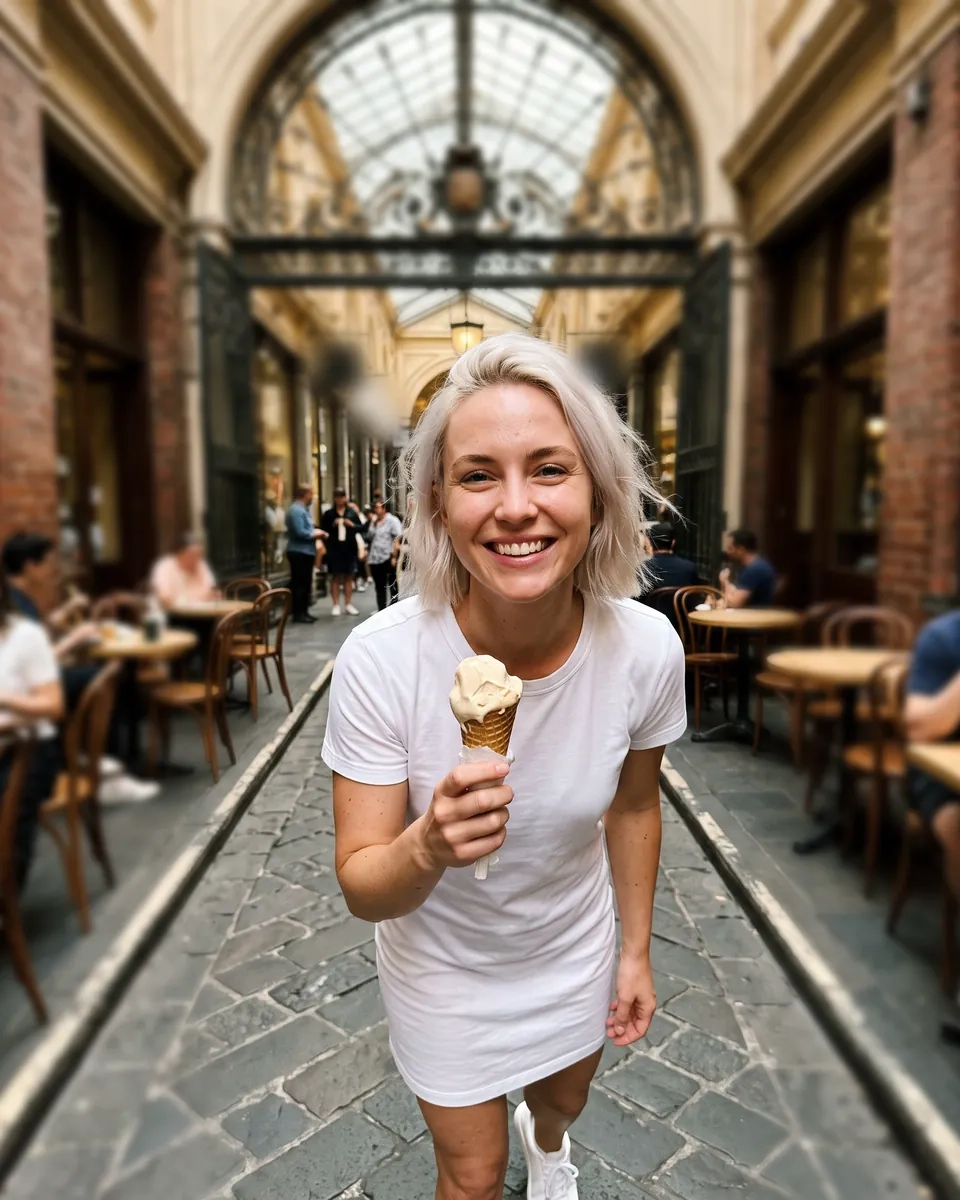 A woman with short platinum-blonde hair and a white T-shirt dress grins at the camera with a gelato cone in a covered Melbourne laneway lined with cafe tables (AI-generated image)