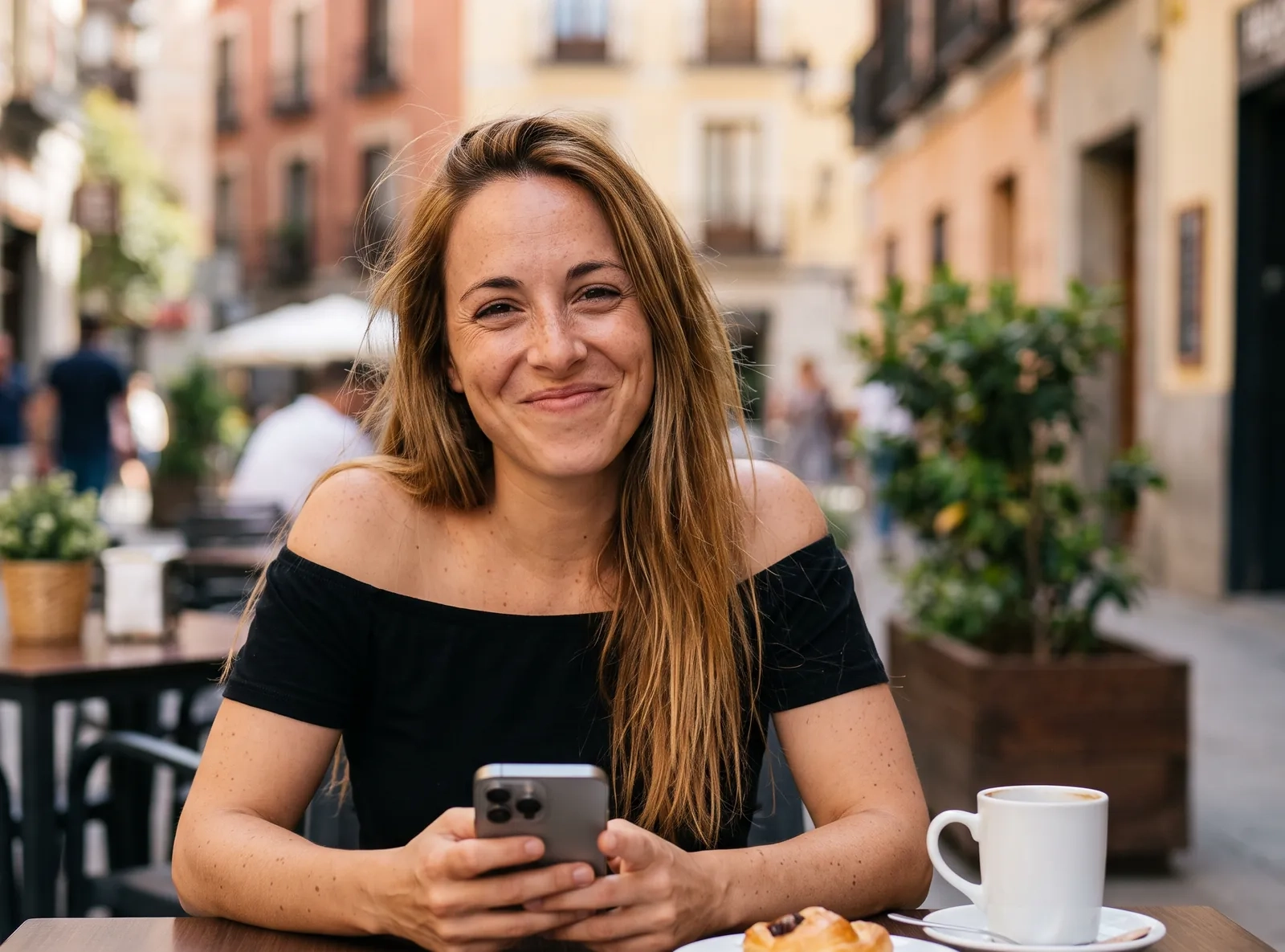 Una mujer de pelo castaño claro y top negro de hombros descubiertos sonríe divertida en una terraza, con el móvil en el regazo (imagen generada por IA)