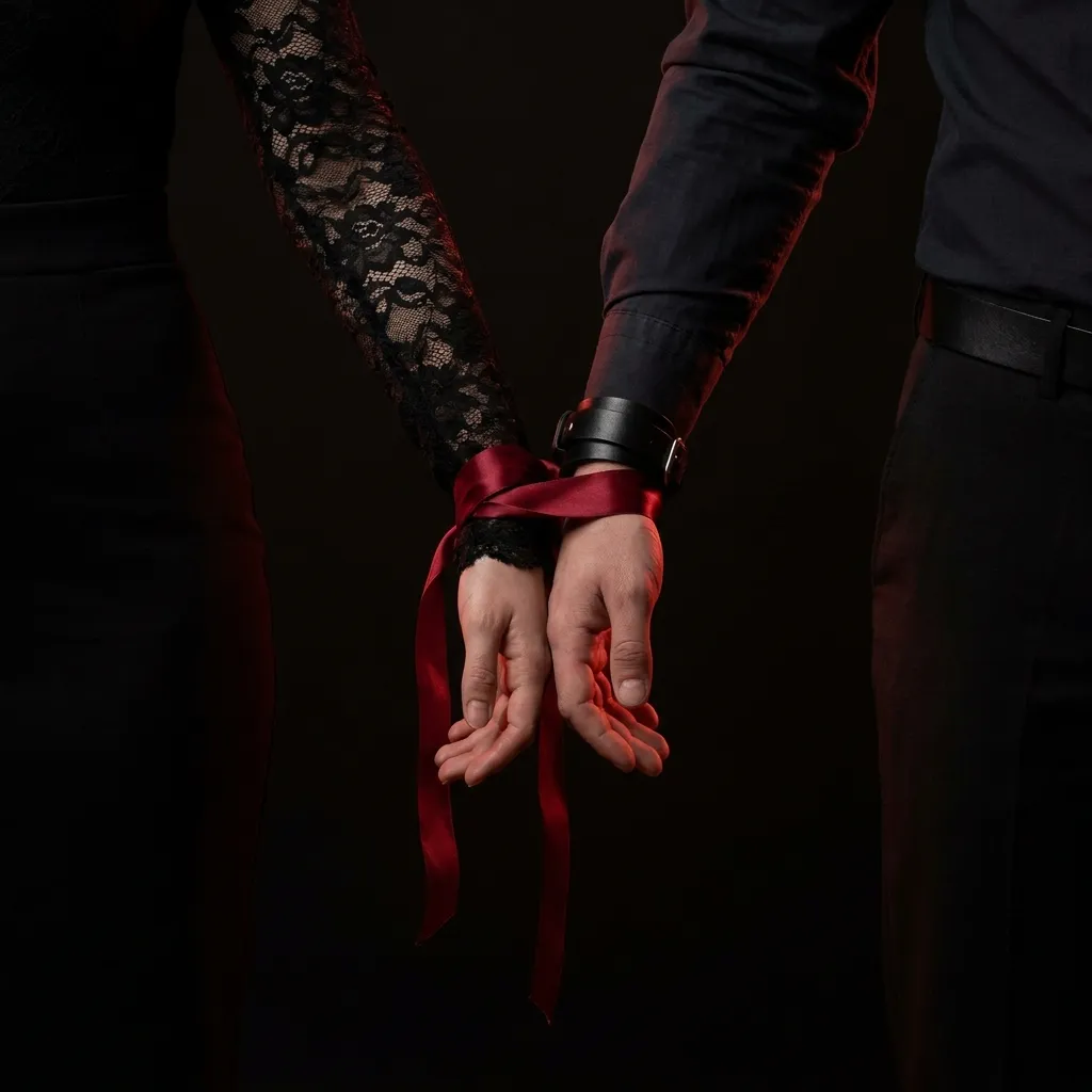 A woman in black lace holding a man's wrists, tied with red ribbon