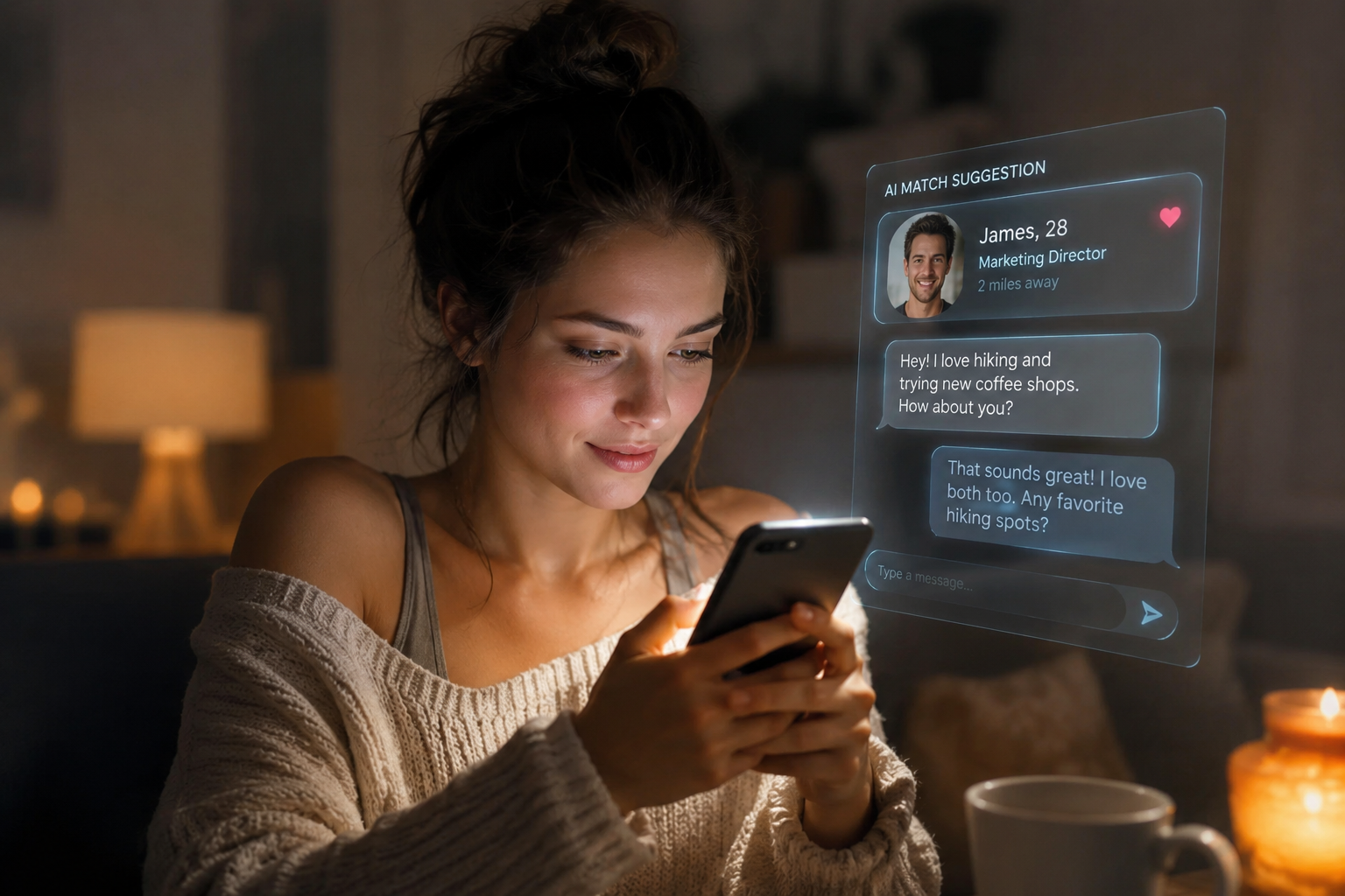 A woman smiles at her phone in a dimly lit room, with a translucent AI match-suggestion overlay showing a chat conversation beside her