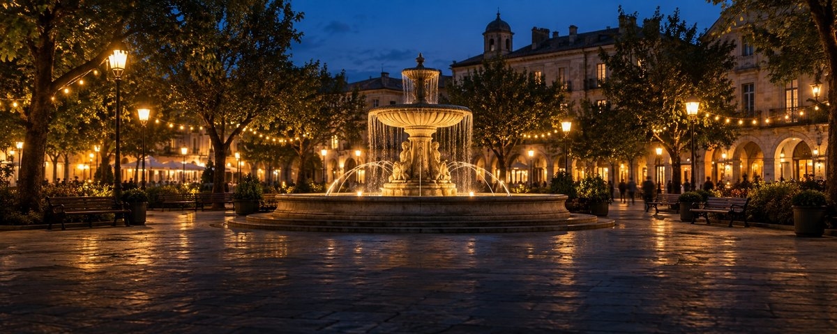 A lit stone fountain in a public square at early evening with benches and string lights in the trees