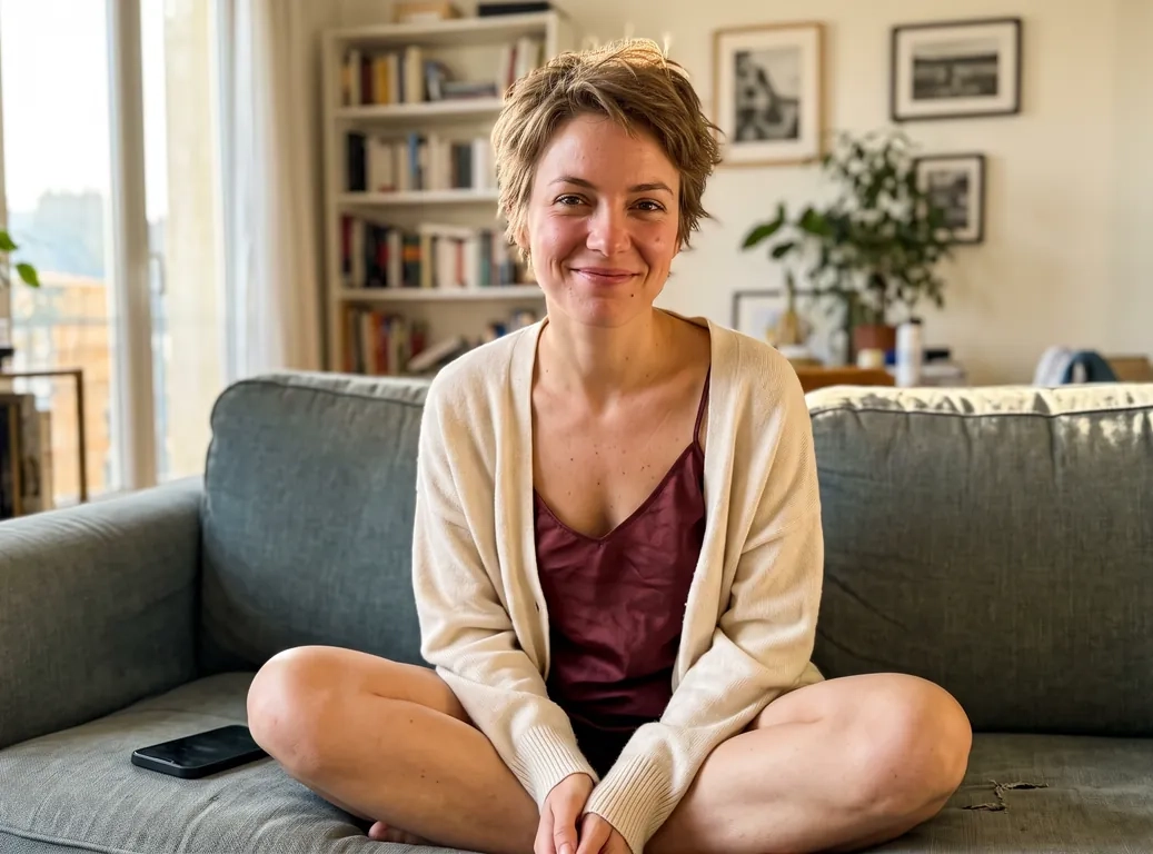 A woman with a tousled light-brown pixie cut in a burgundy satin camisole and an open cream cardigan sits cross-legged on a sofa in a bright flat and smiles at the camera with an easy, mischievous look (AI-generated image)