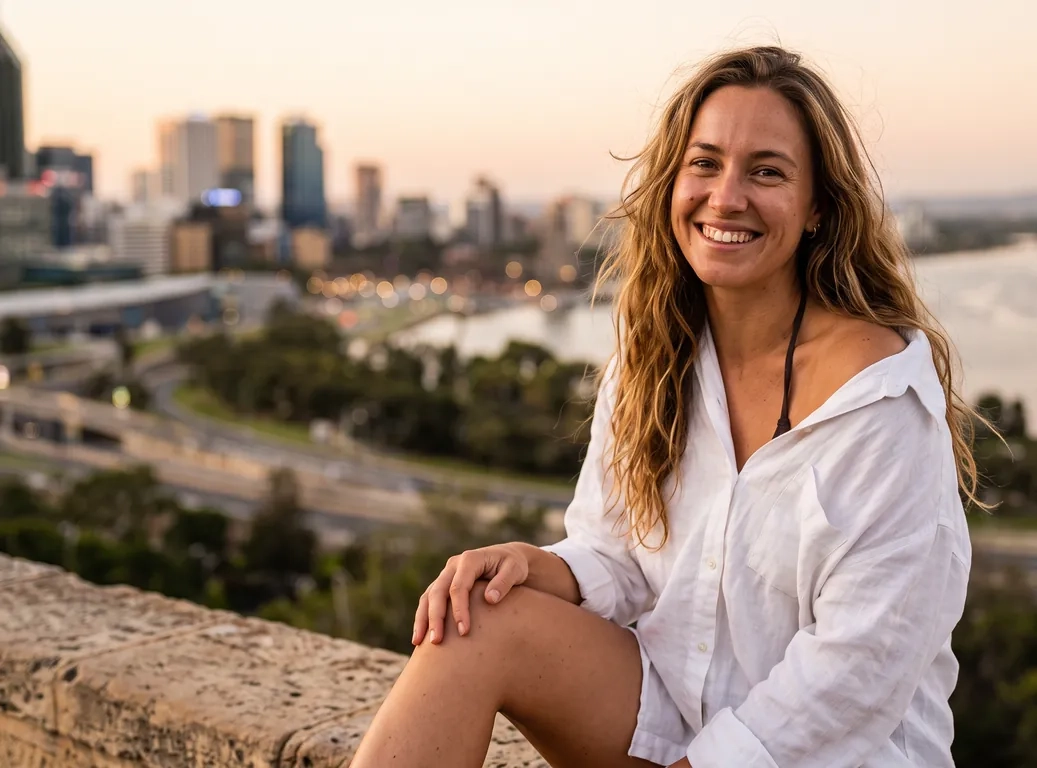 A woman with long wavy honey-brown hair and a loose white linen shirt smiles at the camera on the Kings Park lookout at sunset, the Perth skyline and the Swan River behind her (AI-generated image)
