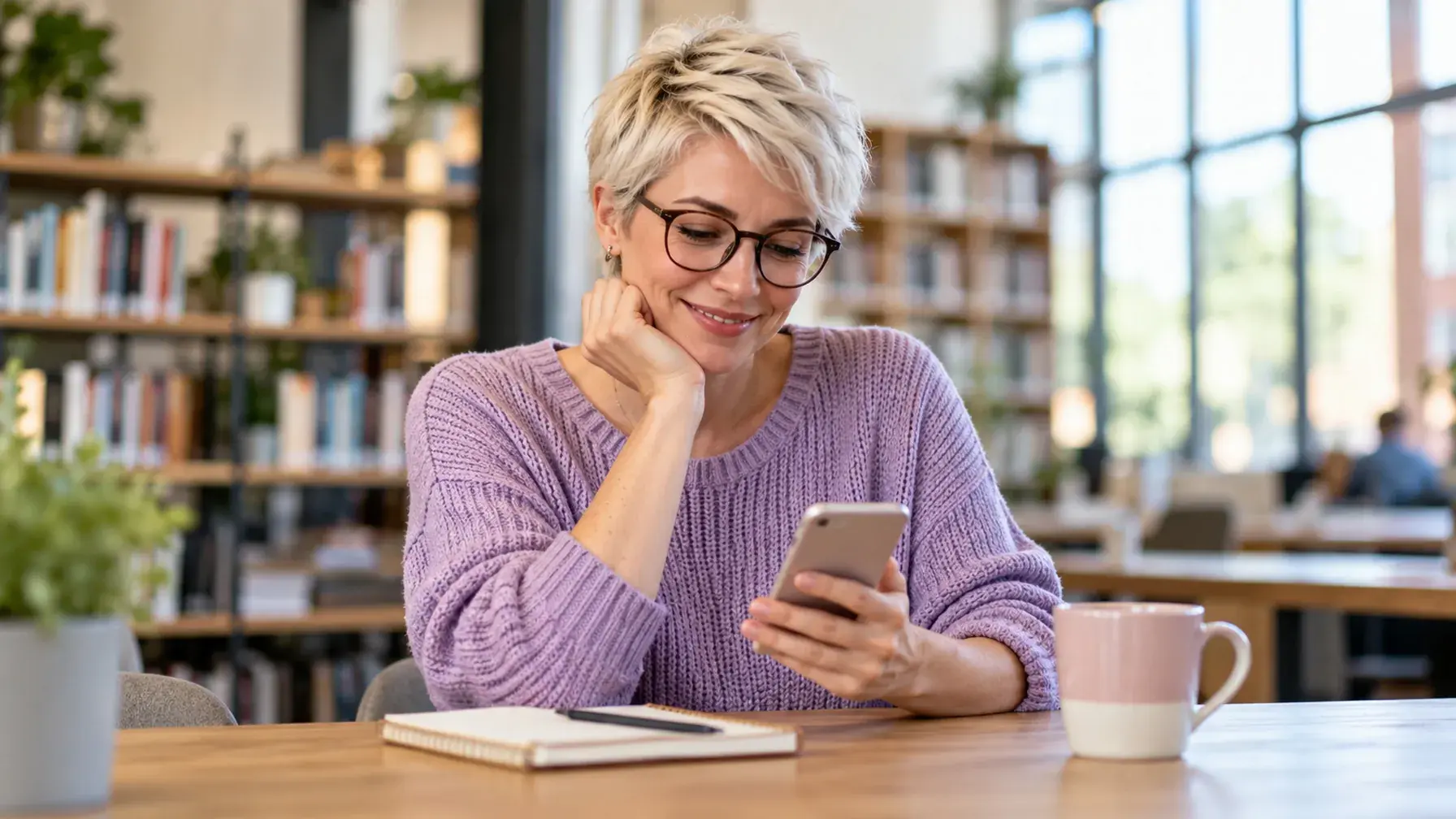 Mujer adulta sonríe mirando su móvil en una mesa de una biblioteca luminosa