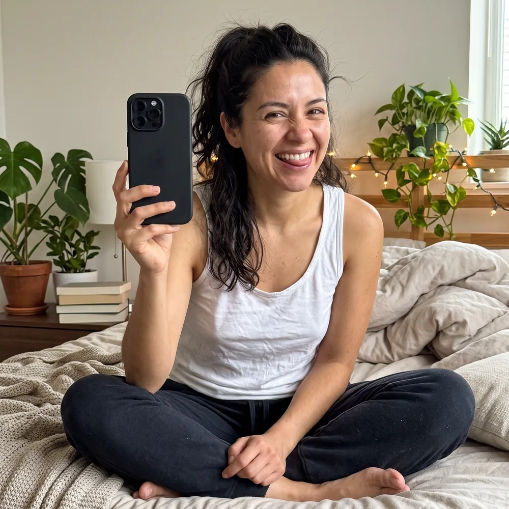 Una mujer con coleta y camiseta de tirantes blanca se hace un selfi sentada en la cama, riéndose, con plantas y lucecitas detrás (imagen generada por IA)