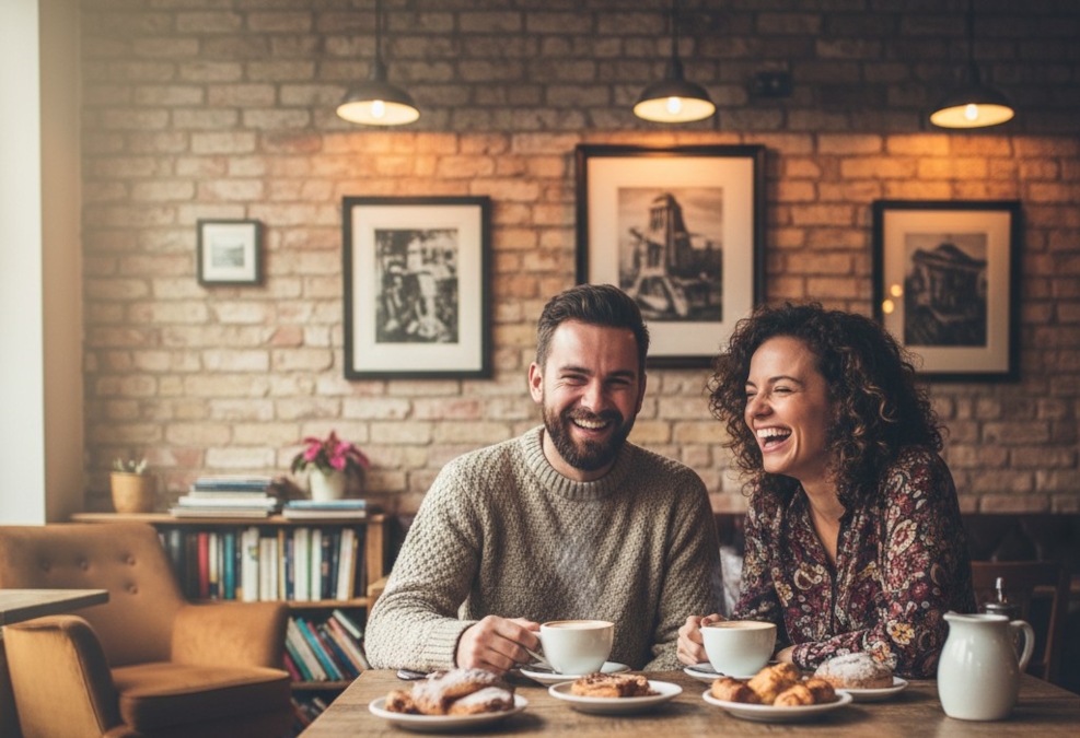 Couple walking along a British high street, passing an independent coffee shop