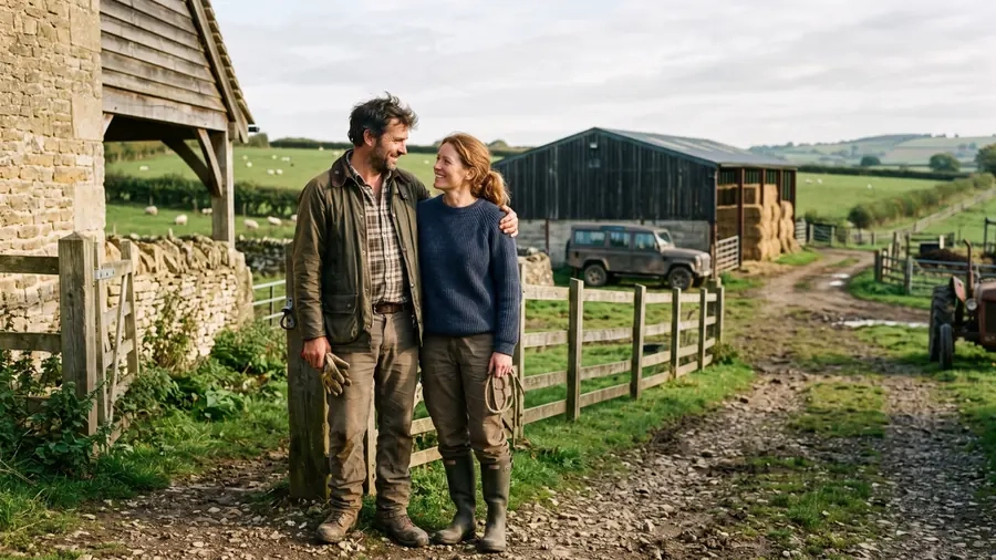 A couple standing together on a farm track beside a barn