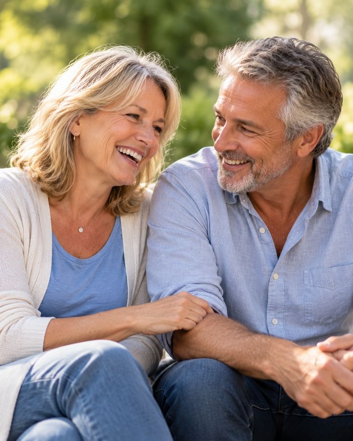 A smiling couple in their fifties sharing a laugh together