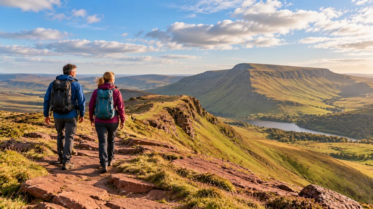 Two walkers on a broad red-sandstone ridge in the Brecon Beacons with Pen y Fan in the distance