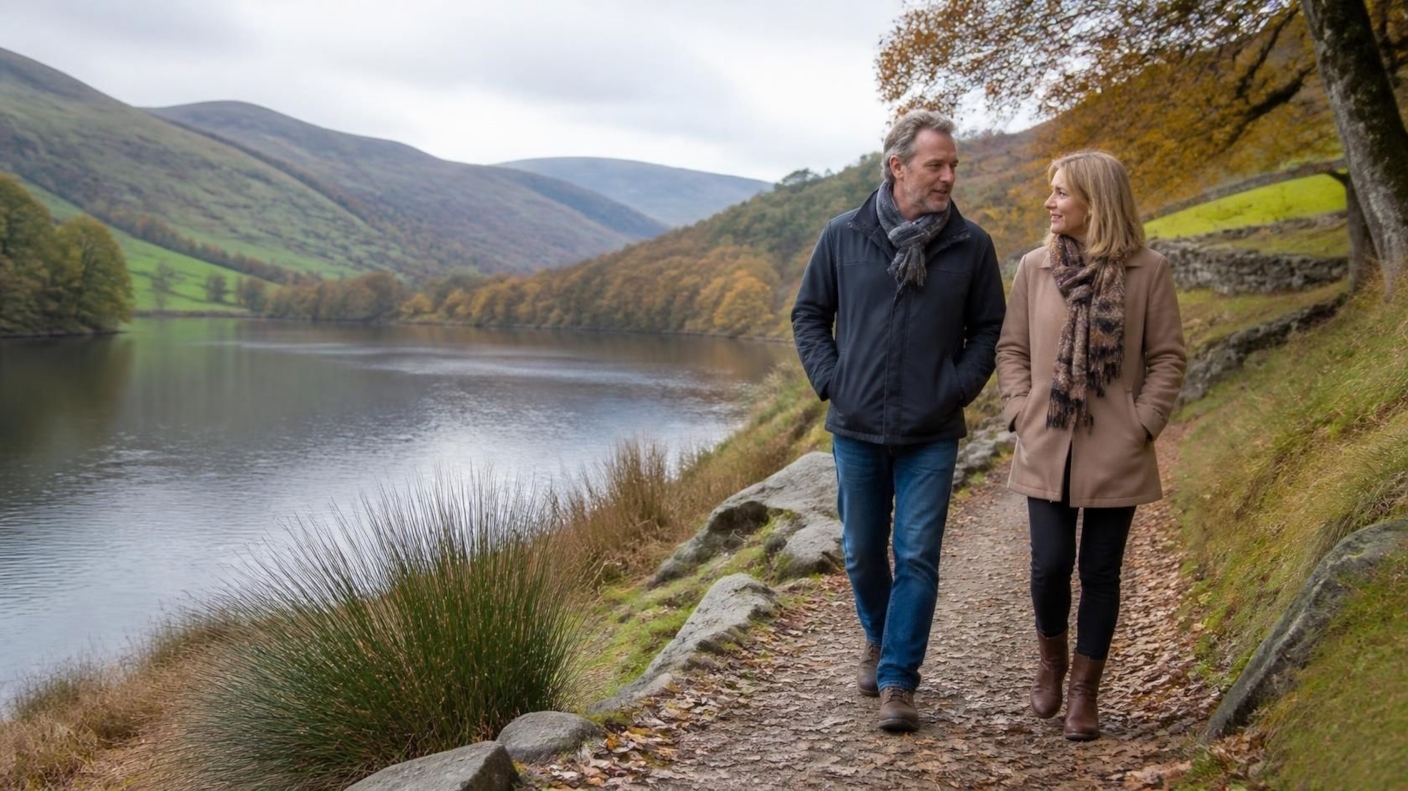 A couple walking and talking along a path above a lake, with hills and autumn colours around them