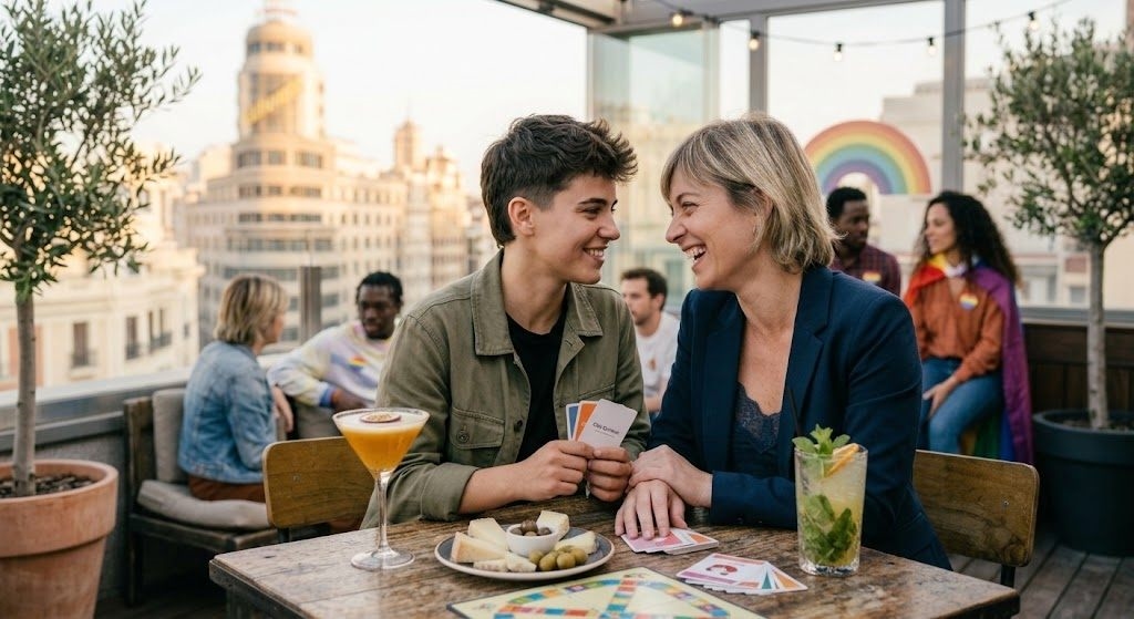 Dos mujeres riendo y conectando en una cita en una cafetería