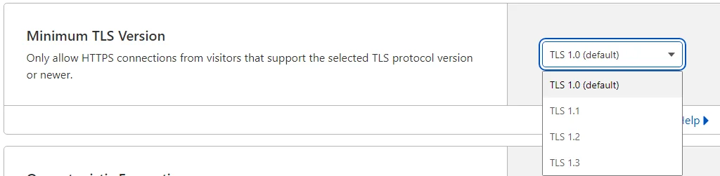 Cloudflare's Minimum TLS Version dropdown open, with TLS 1.2 among the options.