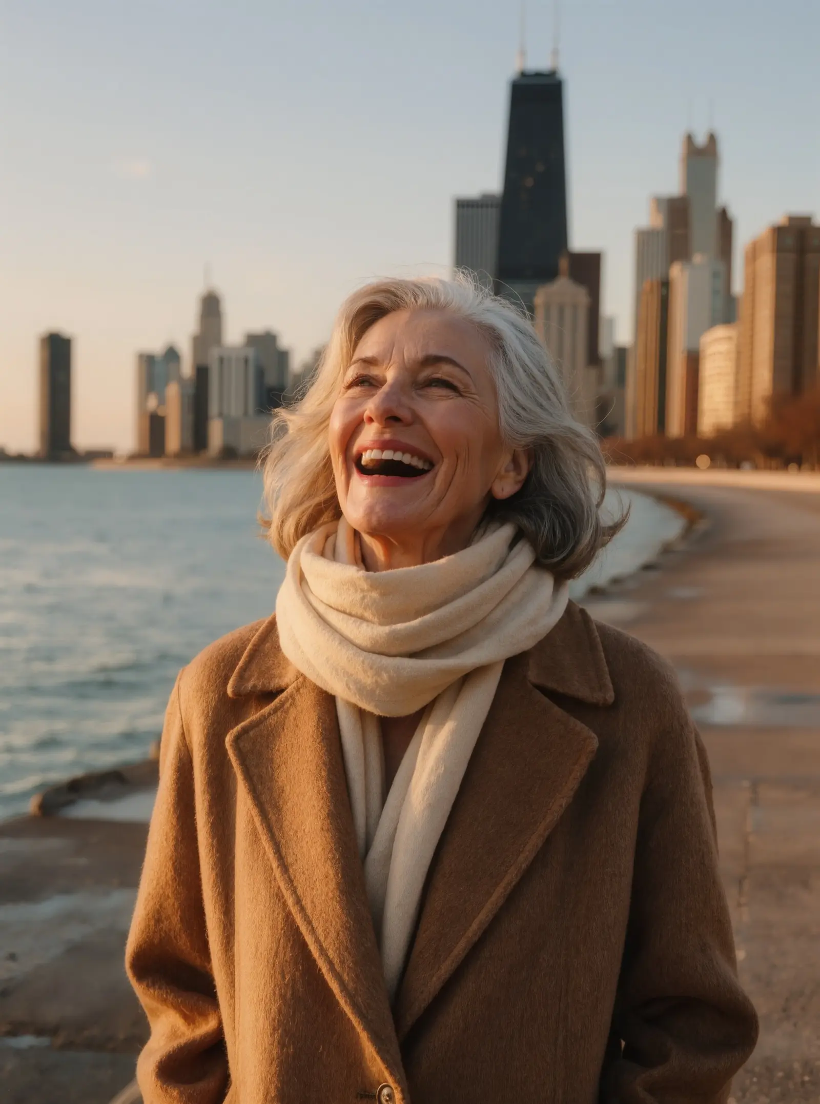 A laughing woman in her early 60s with silver hair in a camel coat and scarf beside Lake Michigan, with the Chicago skyline behind her