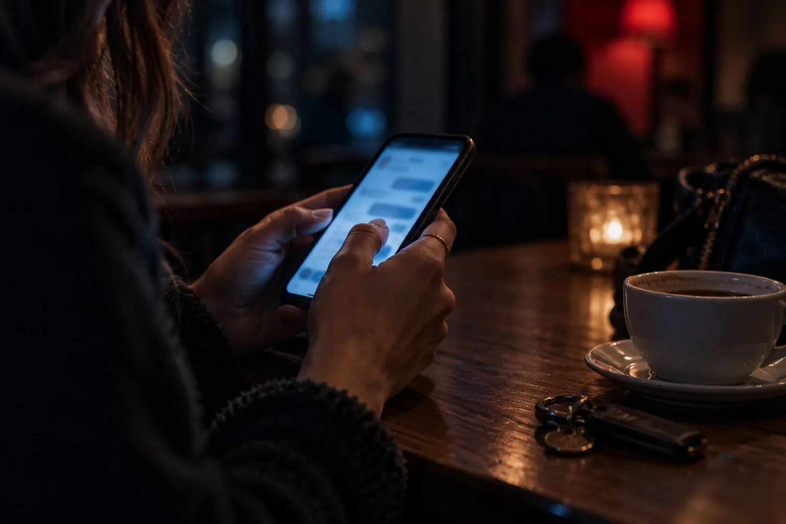 Las manos de una mujer sostienen un teléfono en una cafetería en penumbra, con el pulgar detenido sobre una conversación sin escribir